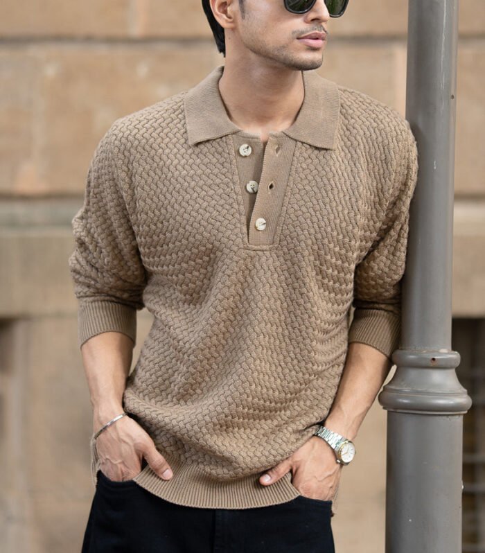 Dark Beige Knit Polo Sweater
