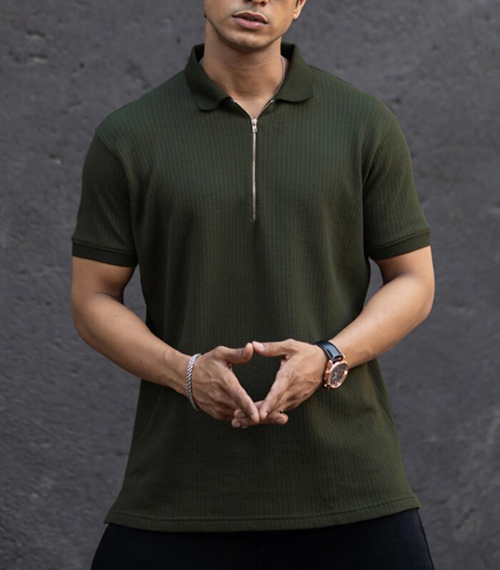 Dark Green Structured Half Sleeves Zipper T Shirt