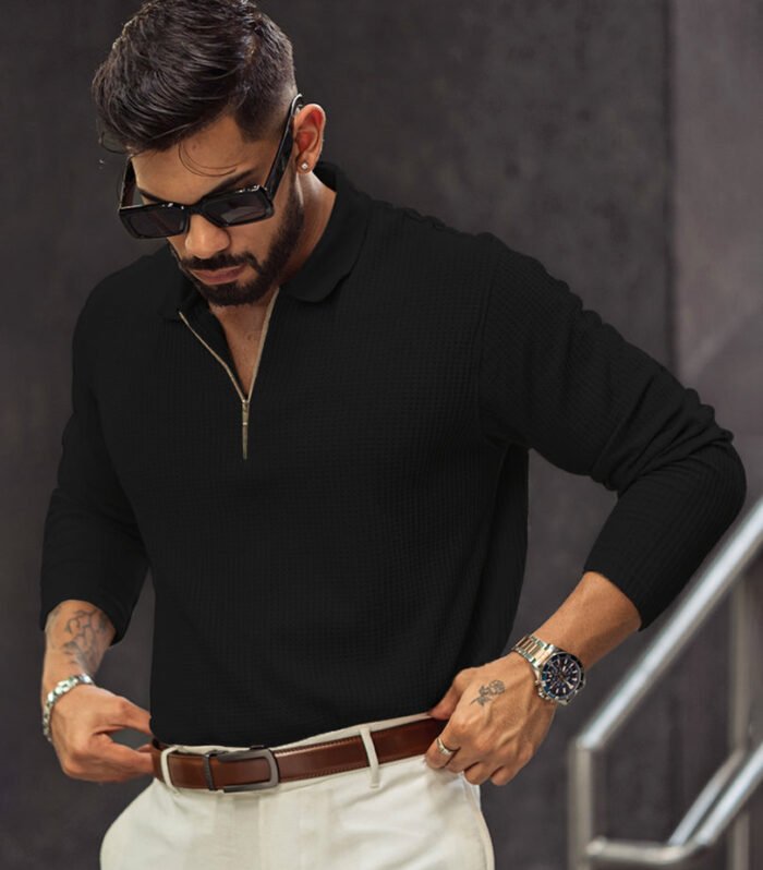 Black Regular Fit Full Sleeves Collar Neck T-Shirt With Chain