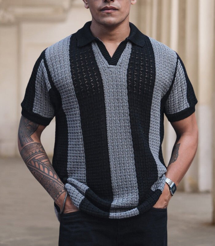 Black and Grey Crochet Striped Reglular Half Sleeves T Shirt